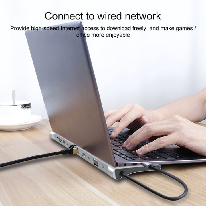 Lisslune | 11 in 1 RJ45 + 87W PD + SD/TF + USBx3 + HDMI + VGA + 3.5mm AUX to Type-C HUB Adapter
