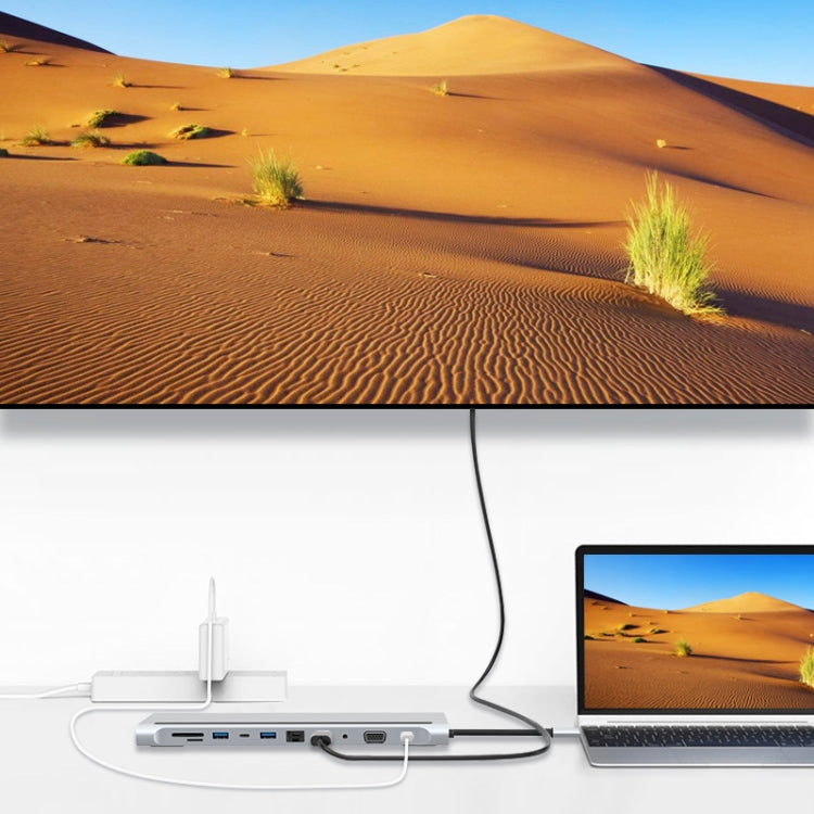 Lisslune | 11 in 1 RJ45 + 87W PD + SD/TF + USBx3 + HDMI + VGA + 3.5mm AUX to Type-C HUB Adapter