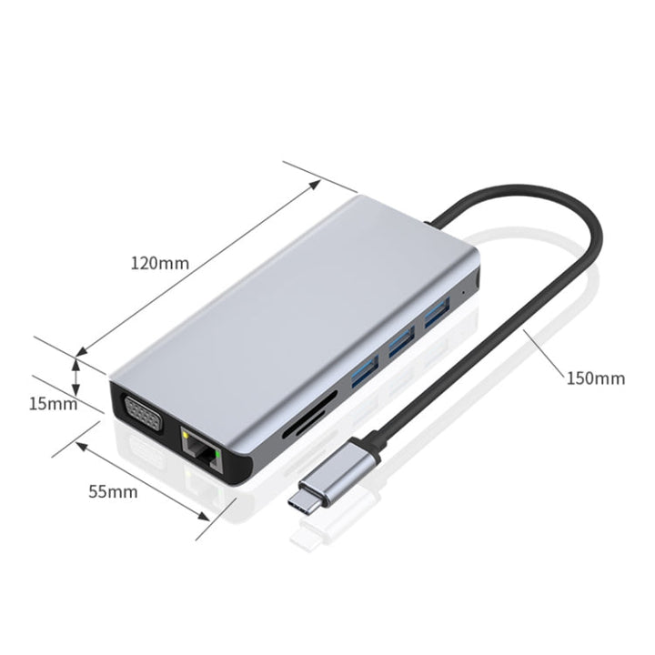 Lisslune | 12 in 1 RJ45 + 100W PD + SD/TF + USB3.0x5 + HDMI + VGA + 3.5mm AUX to Type-C HUB Adapter