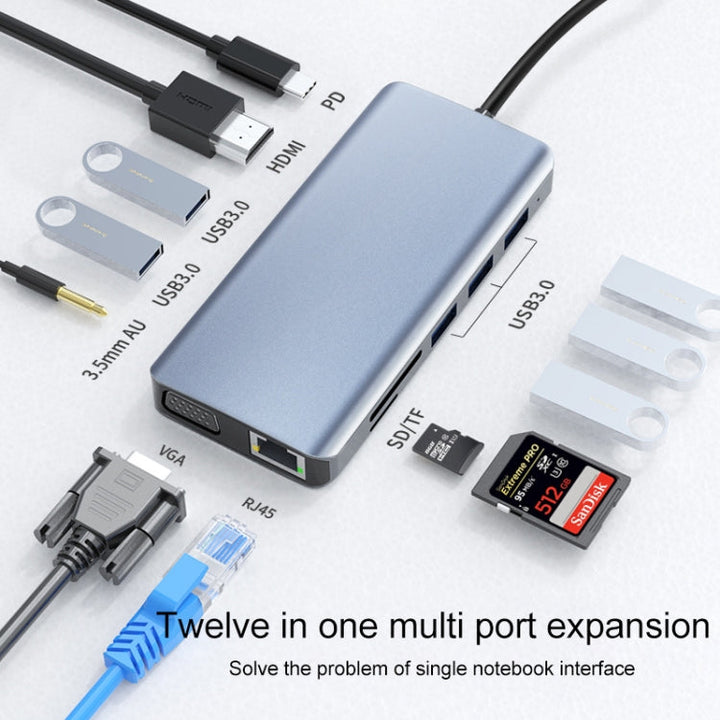 Lisslune | 12 in 1 RJ45 + 100W PD + SD/TF + USB3.0x5 + HDMI + VGA + 3.5mm AUX to Type-C HUB Adapter