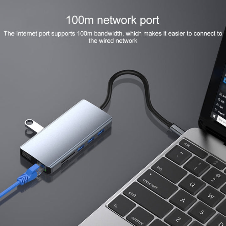 Lisslune | 12 in 1 RJ45 + 100W PD + SD/TF + USB3.0x5 + HDMI + VGA + 3.5mm AUX to Type-C HUB Adapter