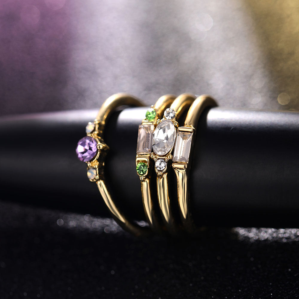 Lisslune | Geometric Gold Color Combination Round Zircon Crystal Rings Set