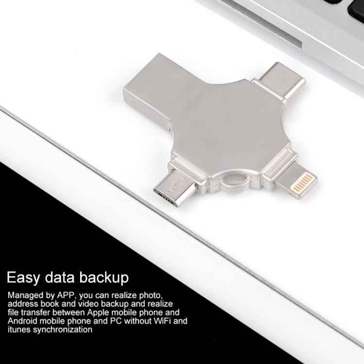 Lisslune | Cross 4 in 1 32GB 8 Pin + Micro USB + USB-C / Type-C + USB 3.0 Metal Flash Drive (Silver)