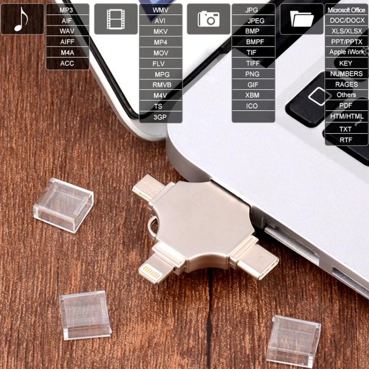 Lisslune | Cross 4 in 1 32GB 8 Pin + Micro USB + USB-C / Type-C + USB 3.0 Metal Flash Drive (Silver)