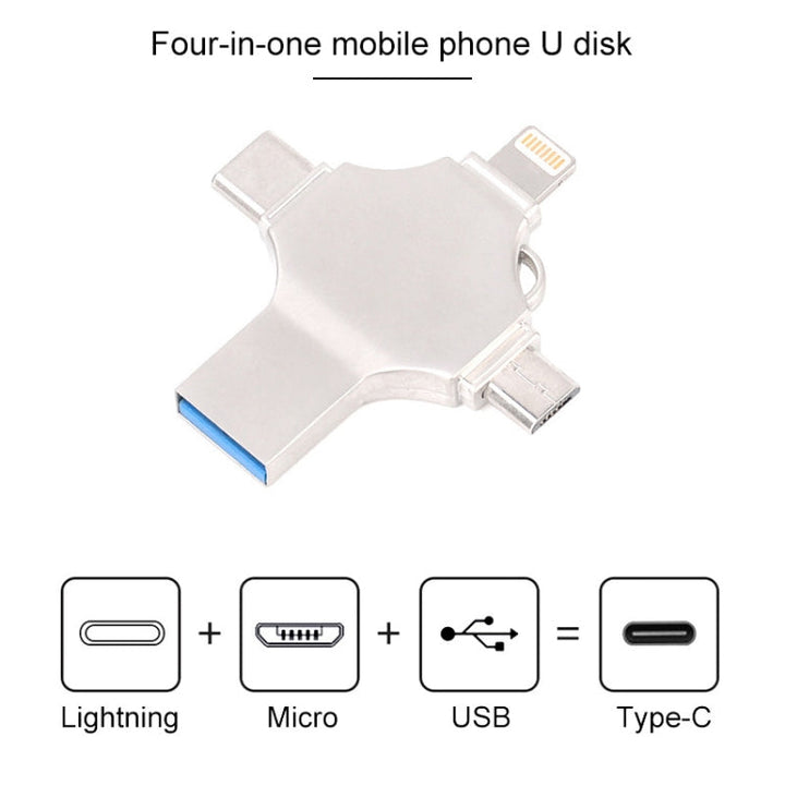 Lisslune | Cross 4 in 1 128GB 8 Pin + Micro USB + USB-C / Type-C + USB 3.0 Metal Flash Drive (Silver)