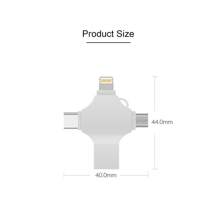 Lisslune | Cross 4 in 1 128GB 8 Pin + Micro USB + USB-C / Type-C + USB 3.0 Metal Flash Drive (Silver)