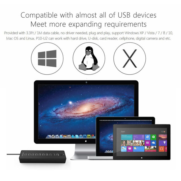 Lisslune | ORICO P10-U2-V1 10 USB 2.0 Ports HUB, Specification: EU Socket