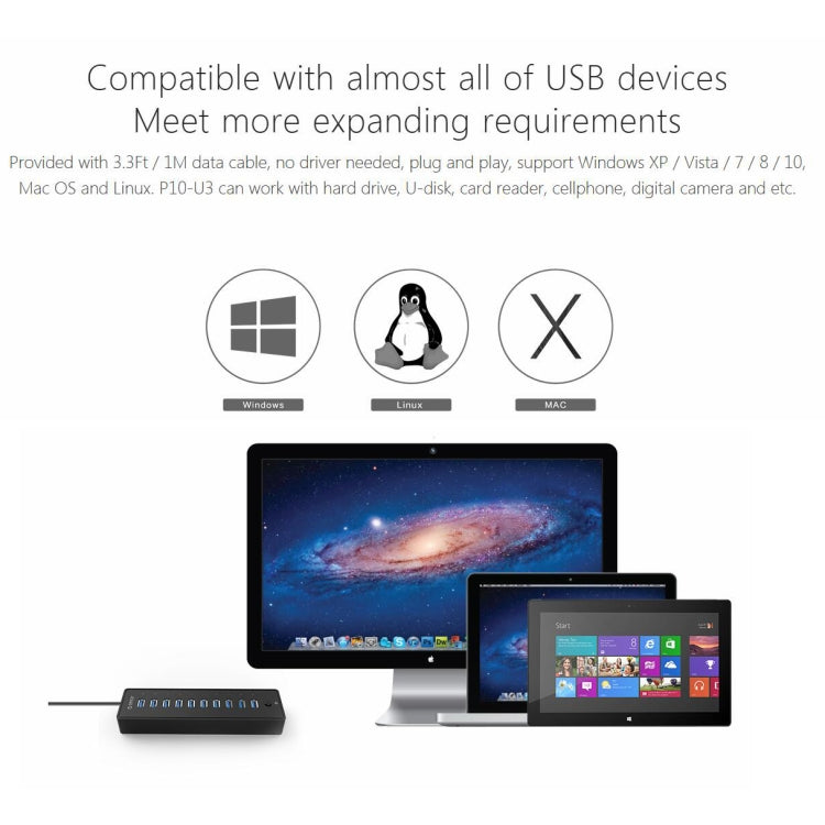 Lisslune | ORICO P10-U3-V1 10 USB 3.0 Ports HUB, Specification: EU Plug