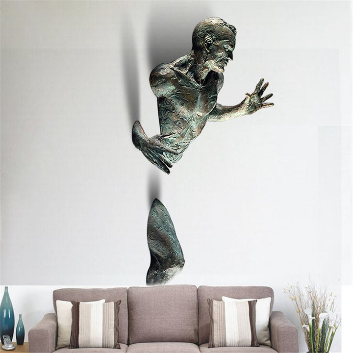 Lisslune | Artificial Copper Resin Ornament Abstract Figure Wall Art Climber 3D Through Wall Statue Sculpture