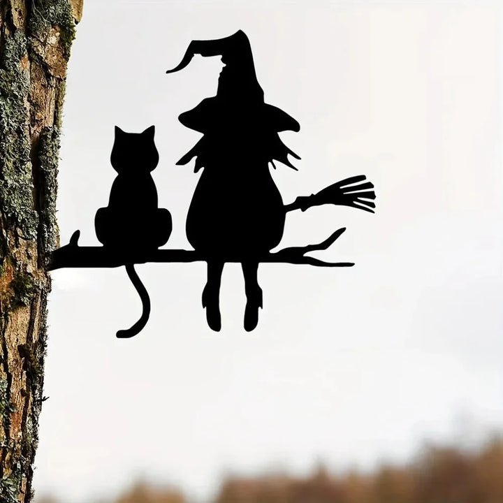 Lisslune | Witches Cat Garden Statue – Metal Witch & Cat Silhouette for Outdoors