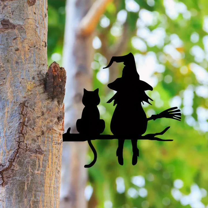 Lisslune | Witches Cat Garden Statue – Metal Witch & Cat Silhouette for Outdoors