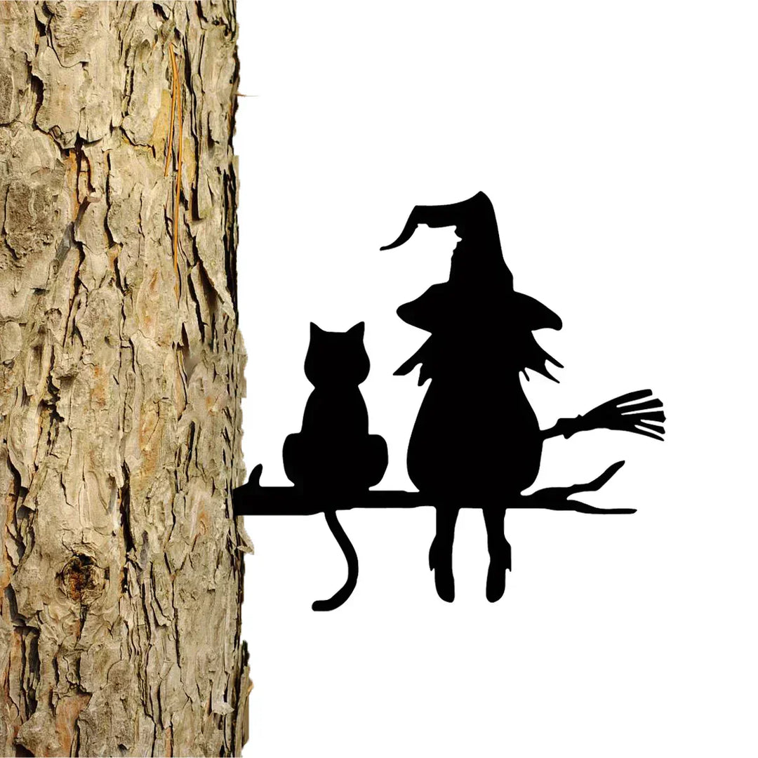 Lisslune | Witches Cat Garden Statue – Metal Witch & Cat Silhouette for Outdoors