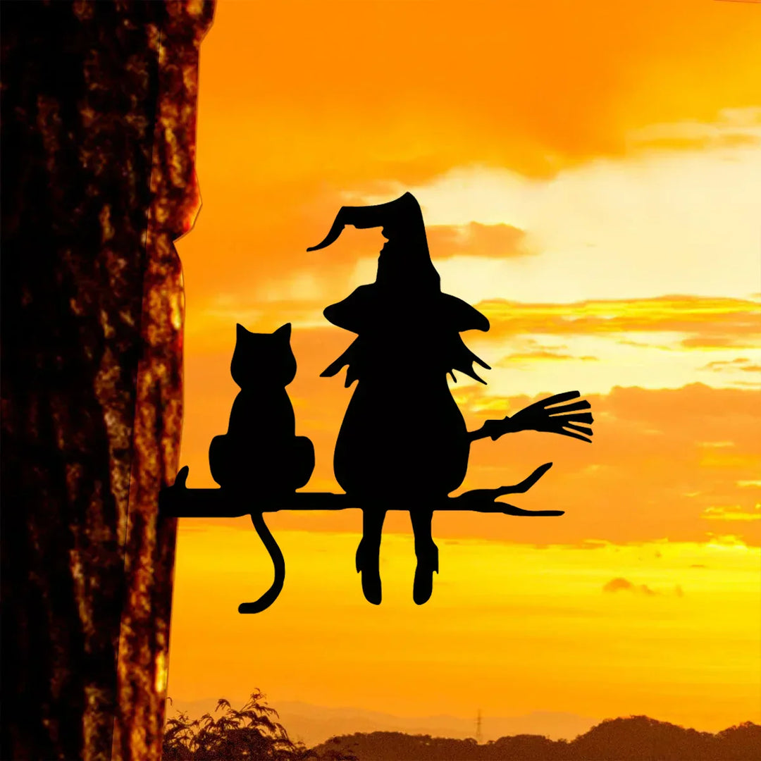 Lisslune | Witches Cat Garden Statue – Metal Witch & Cat Silhouette for Outdoors