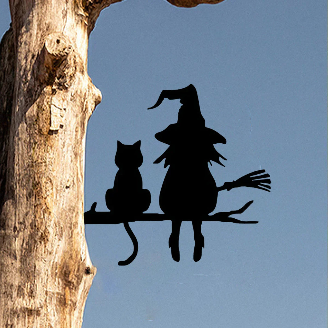 Lisslune | Witches Cat Garden Statue – Metal Witch & Cat Silhouette for Outdoors