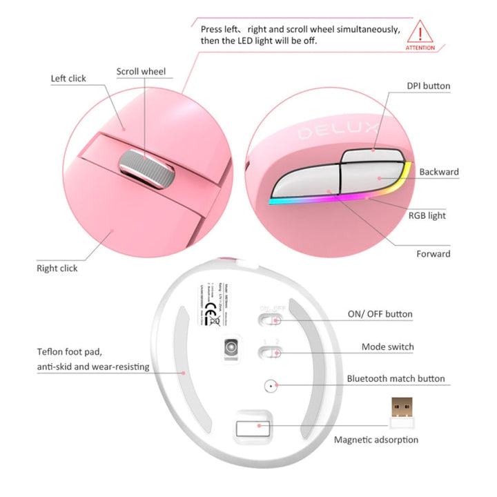 Lisslune | DELUX M618 Mini 2.4G Wireless 2400DPI USB rechargeable ergonomic vertical mouse (Pink)