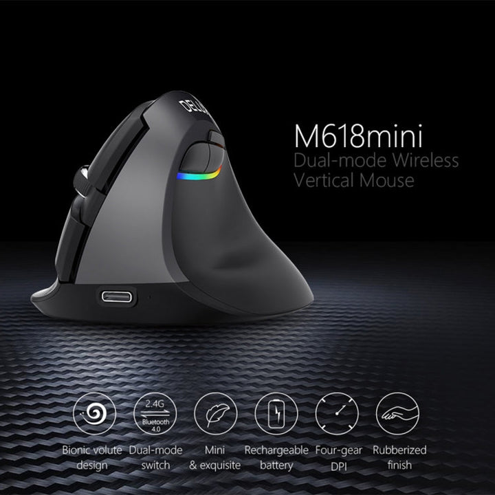 Lisslune | DELUX M618 Mini 2.4G Wireless 2400DPI USB Rechargeable Ergonomic Vertical Mouse (Gray)