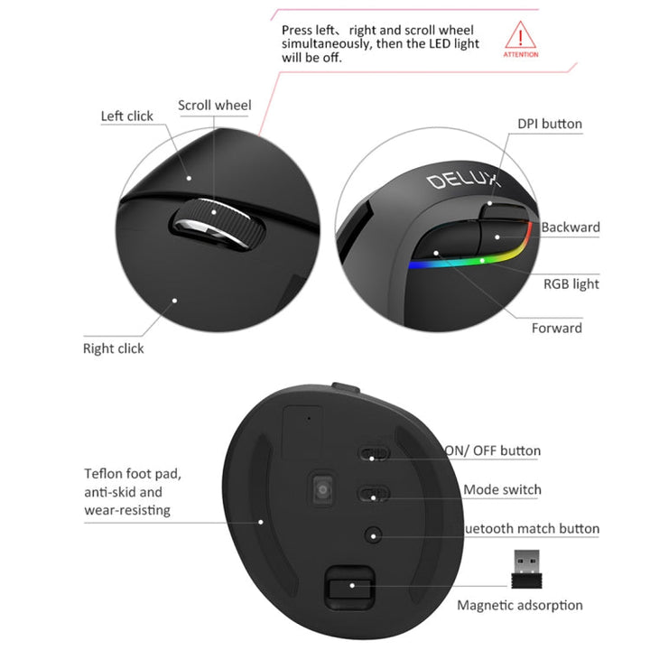 Lisslune | DELUX M618 Mini 2.4G Wireless 2400DPI USB Rechargeable Ergonomic Vertical Mouse (Gray)