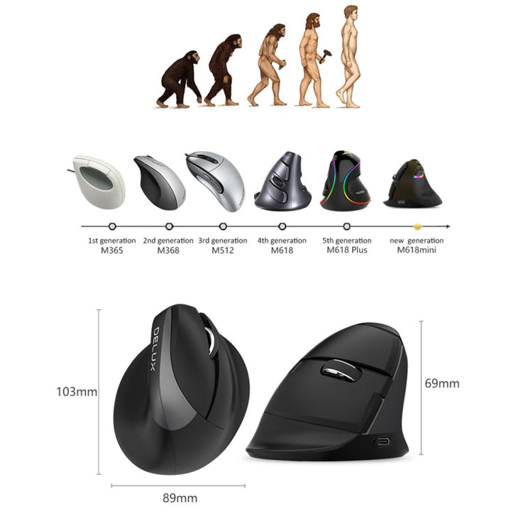 Lisslune | DELUX M618 Mini 2.4G Wireless 2400DPI USB Rechargeable Ergonomic Vertical Mouse (Gray)