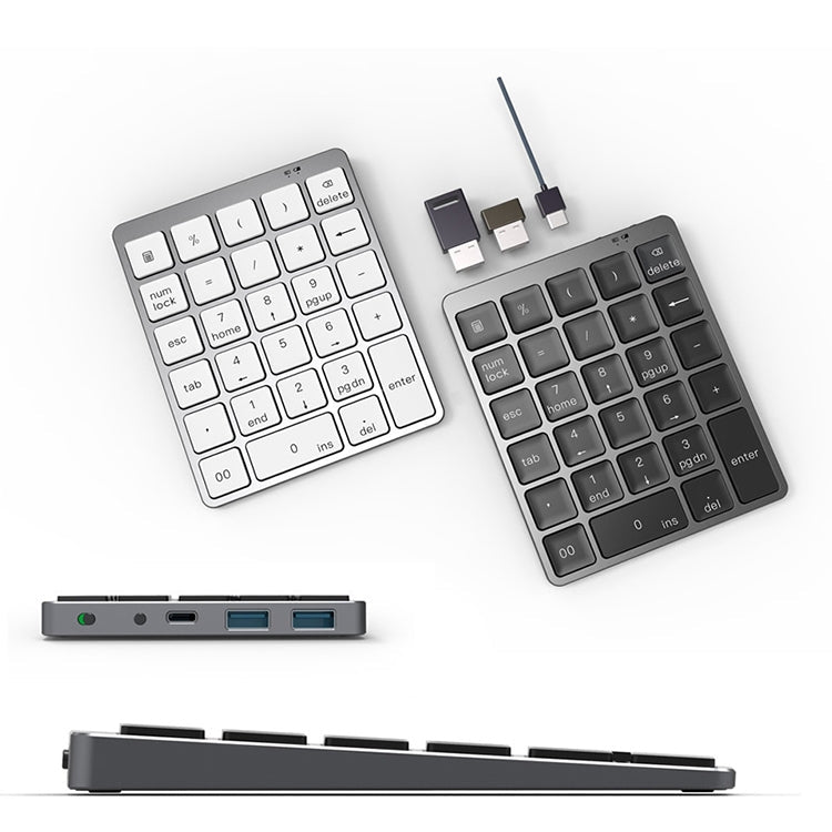 Lisslune | N970 Pro Dual Modes Aluminum Alloy Rechargeable Wireless Bluetooth Numeric Keypad with USB HUB (Gray)