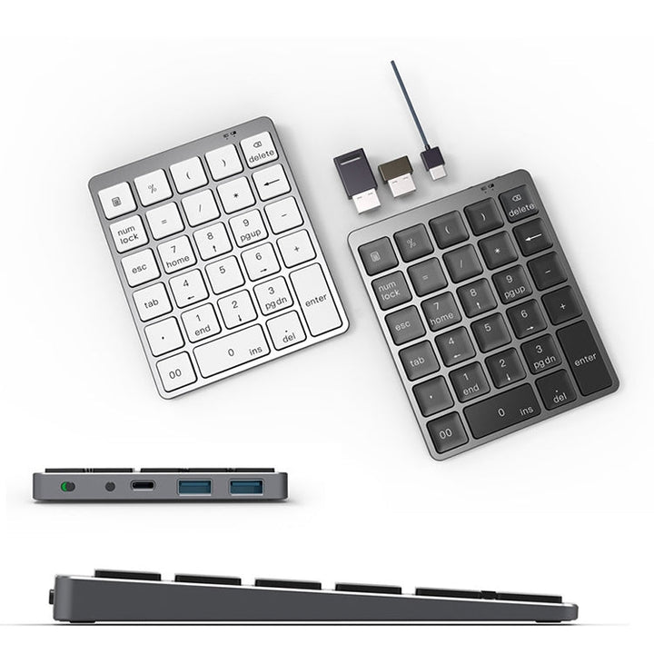Lisslune | N970 Pro Dual Modes Aluminum Alloy Rechargeable Wireless Bluetooth Numeric Keypad with USB HUB (Gray)