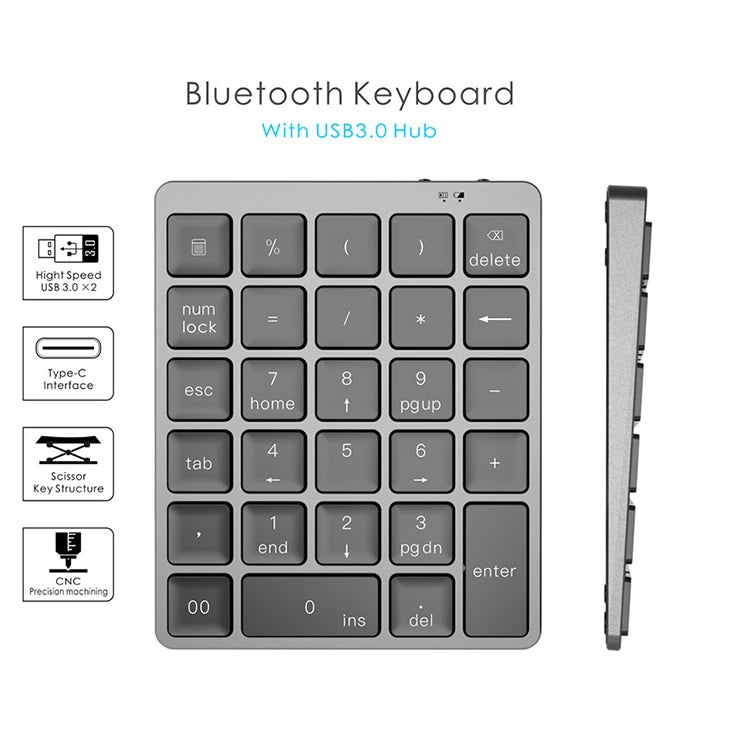 Lisslune | N970 Pro Dual Modes Aluminum Alloy Rechargeable Wireless Bluetooth Numeric Keypad with USB HUB (Gray)