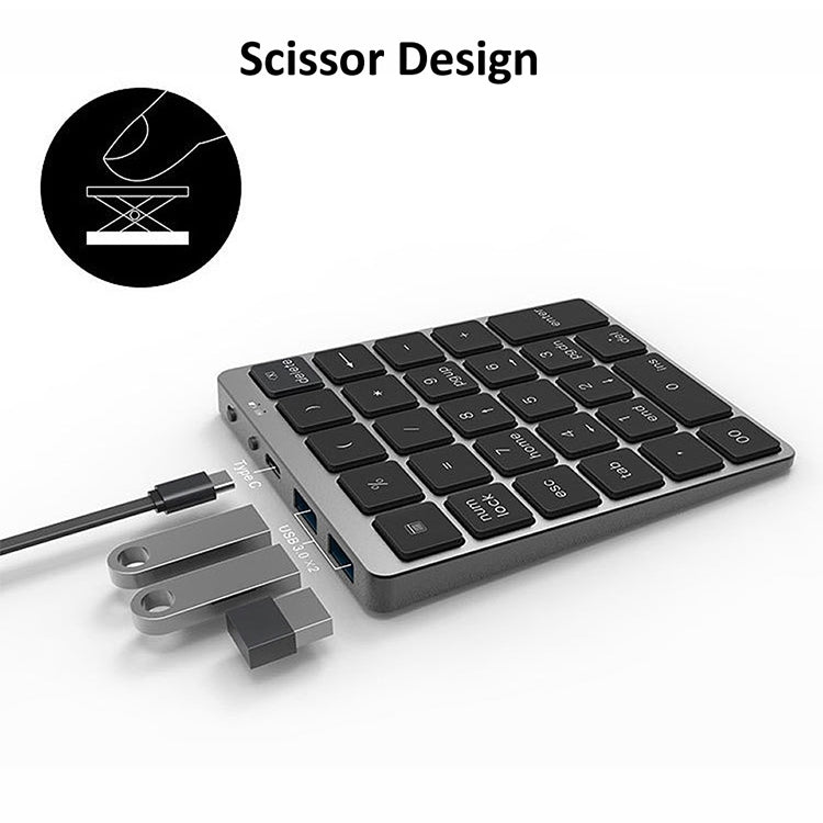 Lisslune | N970 Pro Dual Modes Aluminum Alloy Rechargeable Wireless Bluetooth Numeric Keypad with USB HUB (Gray)