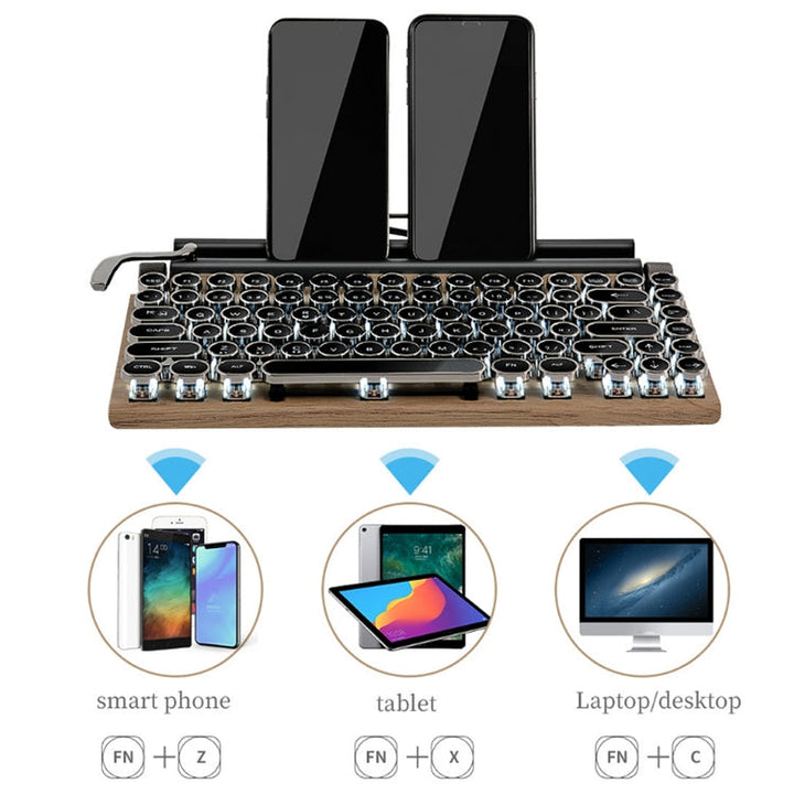 Lisslune | TW1867 Round Retro Punk Keycap Mechanical Wireless Bluetooth Keyboard (Wood)