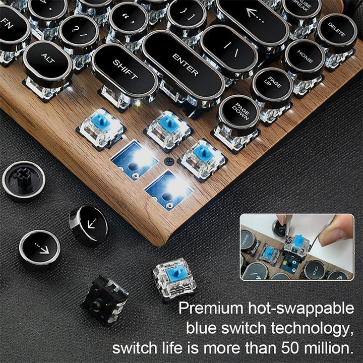 Lisslune | TW1867 Round Retro Punk Keycap Mechanical Wireless Bluetooth Keyboard (Wood)