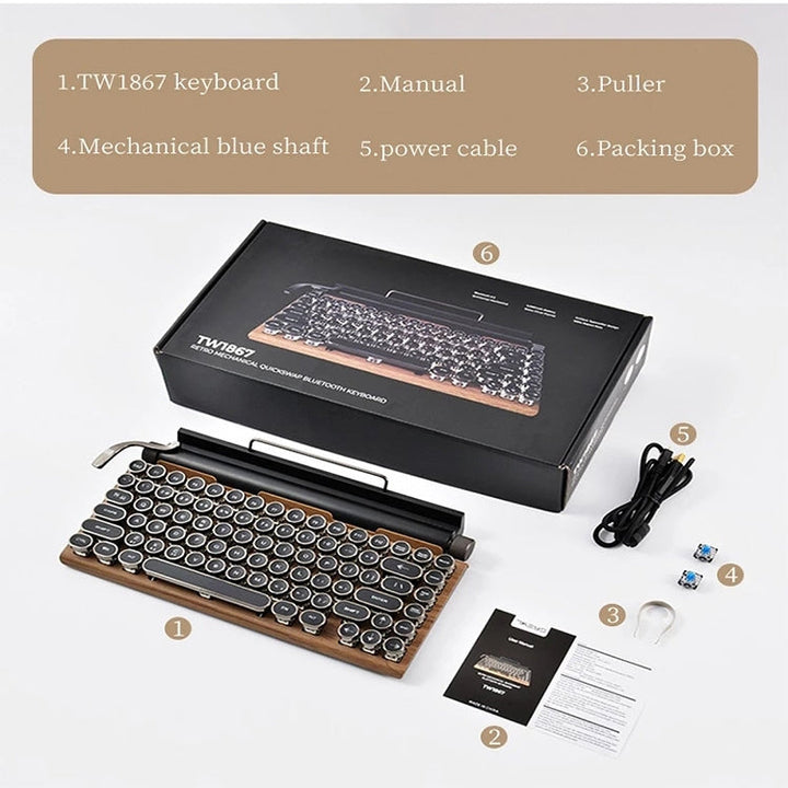 Lisslune | TW1867 Round Retro Punk Keycap Mechanical Wireless Bluetooth Keyboard (Wood)