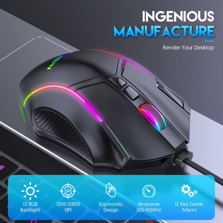 Lisslune | MKESPN X15 Full Speed 12800DPI 12 Keys Macro Definition RGB Wired Mouse