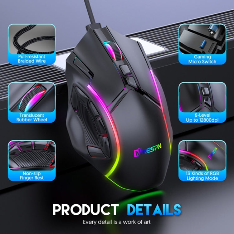 Lisslune | MKESPN X15 Full Speed 12800DPI 12 Keys Macro Definition RGB Wired Mouse