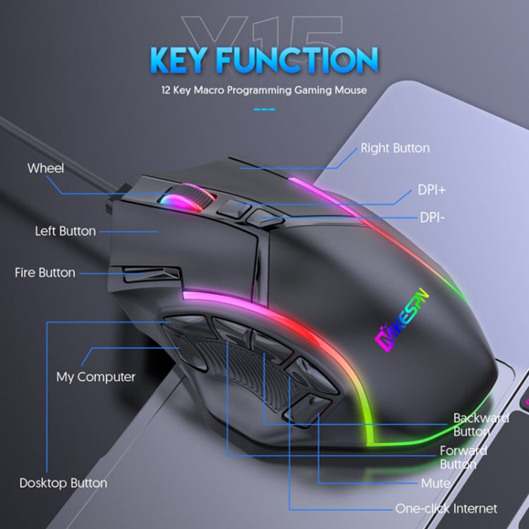 Lisslune | MKESPN X15 Full Speed 12800DPI 12 Keys Macro Definition RGB Wired Mouse