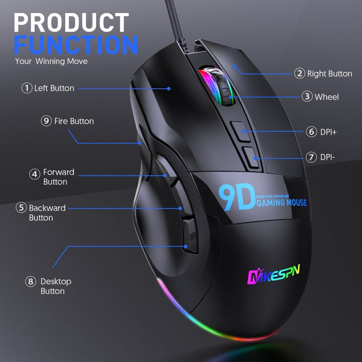 Lisslune | MKESPN X10 9-Button RGB Wired Full-Speed Macro Definition Gaming Mouse