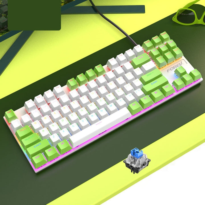 Lisslune | FOREV FV-301 87-Key Blue Switch Mechanical Gaming Keyboard, Cable Length: 1.6 m (White + Green)