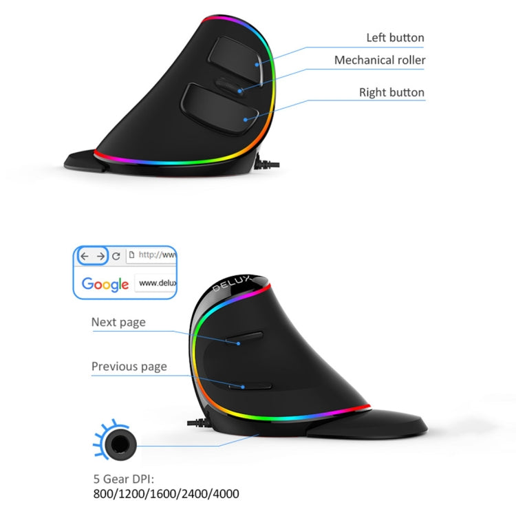 Lisslune | DELUX M618 Plus RGB Wired Optical Mouse Ergonomic Vertical Mouse 4000DPI