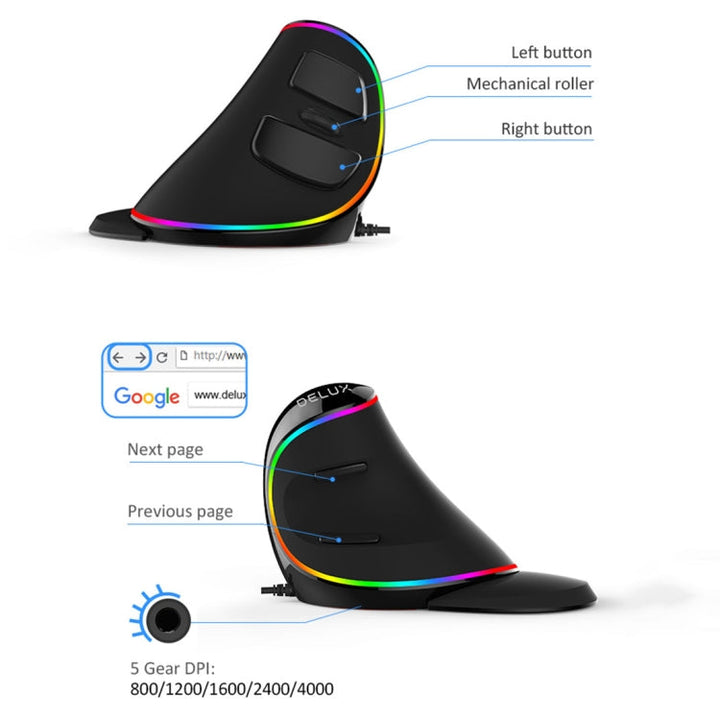 Lisslune | DELUX M618 Plus RGB Wired Optical Mouse Ergonomic Vertical Mouse 4000DPI