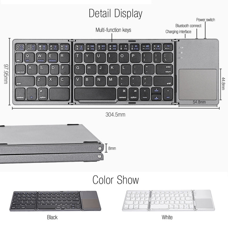 Lisslune | B033 Rechargeable 3-Fold 64-Key Bluetooth Wireless Keyboard with Touchpad (Silver)