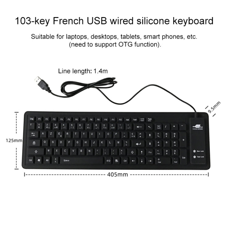 Lisslune | 103 Key French USB Wired Silicone Waterproof Keyboard Desktop Notebook Keyboard, Cable Length: 1.5 m