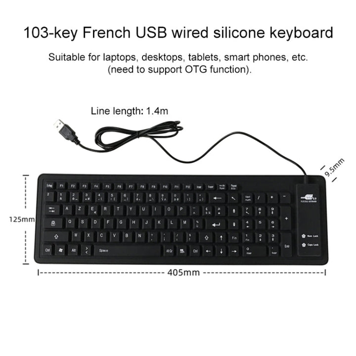 Lisslune | 103 Key French USB Wired Silicone Waterproof Keyboard Desktop Notebook Keyboard, Cable Length: 1.5 m