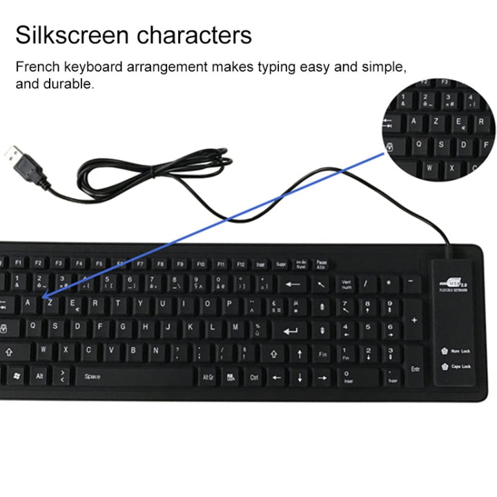 Lisslune | 103 Key French USB Wired Silicone Waterproof Keyboard Desktop Notebook Keyboard, Cable Length: 1.5 m