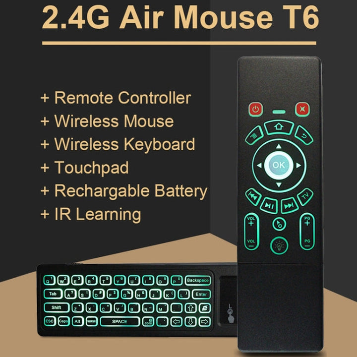 Lisslune | T6 Colored Light Version Air Mouse 2.4GHz Wireless Keyboard Remote Control with Touchpad & IR Learning for PC, Android TV Box / Smart TV, Multimedia Devices