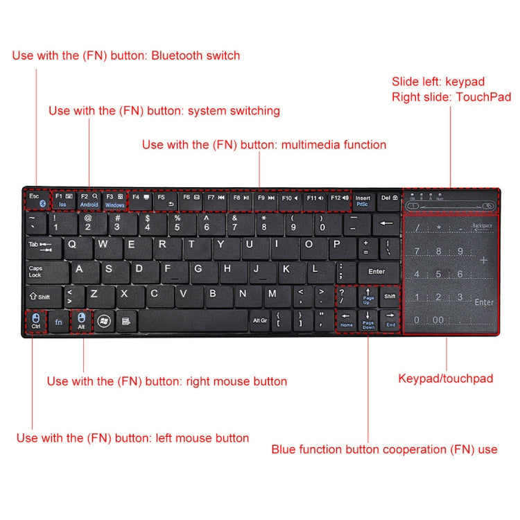 Lisslune | K-07 ABS wireless rechargeable Bluetooth touch keyboard (Black)