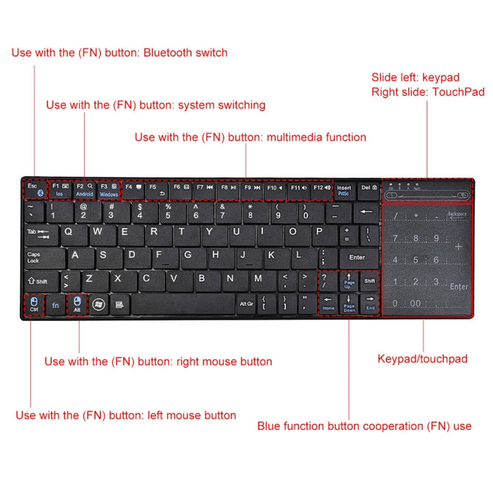 Lisslune | K-07 ABS wireless rechargeable Bluetooth touch keyboard (Black)