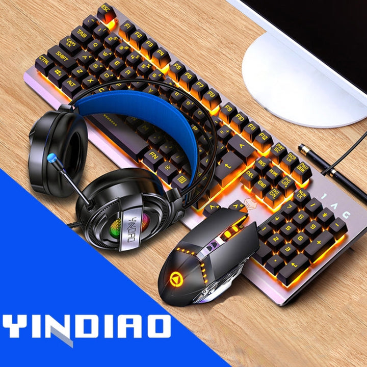 Lisslune | YINDIAO K002 USB Wired Mechanical Feel Orange Backlight Keyboard + Optical Mouse + Headset Set (Black)