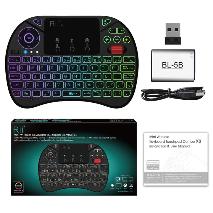 Lisslune | Rii X8 RT716 2.4GHz Mini Wireless QWERTY 71 Key Keyboard, 2.5 Inch Touchpad Combo with Backlight (Black)
