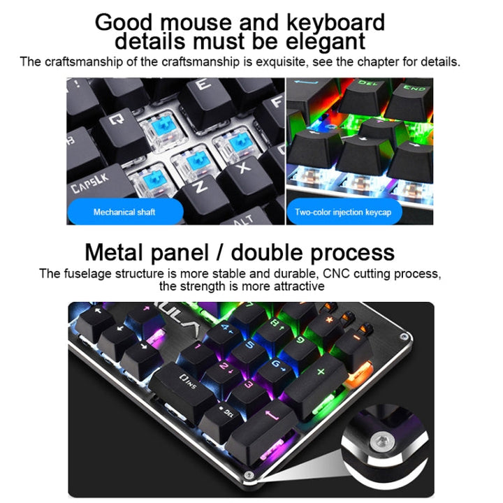 Lisslune | AULA S2016 104-Key Square Keycap Mixed Light Mechanical Blue Switch Metal Panel Wired USB Gaming Keyboard, Length: 1.6 m