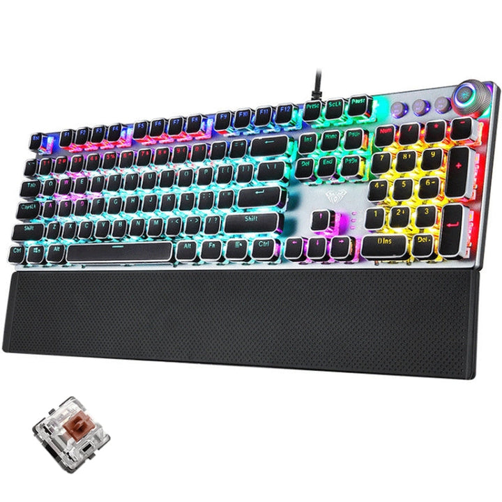 Lisslune | AULA F2088 108 Keys Mixed Light Plating Punk Mechanical Brown Switch Wired USB Gaming Keyboard with Metal Key (Silver)