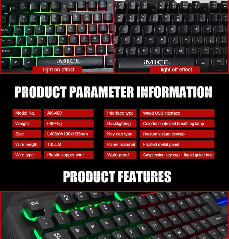 Lisslune | iMICE AK-400 USB-Interface 104 Keys Wired RGB Backlit Gaming Keyboard for Computer PC Laptop (Black)