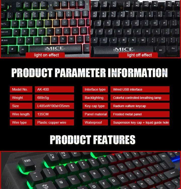 Lisslune | iMICE AK-400 USB-Interface 104 Keys Wired RGB Backlit Gaming Keyboard for Computer PC Laptop (Black)