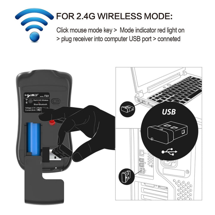 Lisslune | HXSJ T23 Bluetooth + 2.4GHz Wireless Dual Modes 4-Button 1600 DPI Adjustable Ergonomic Optical Mouse
